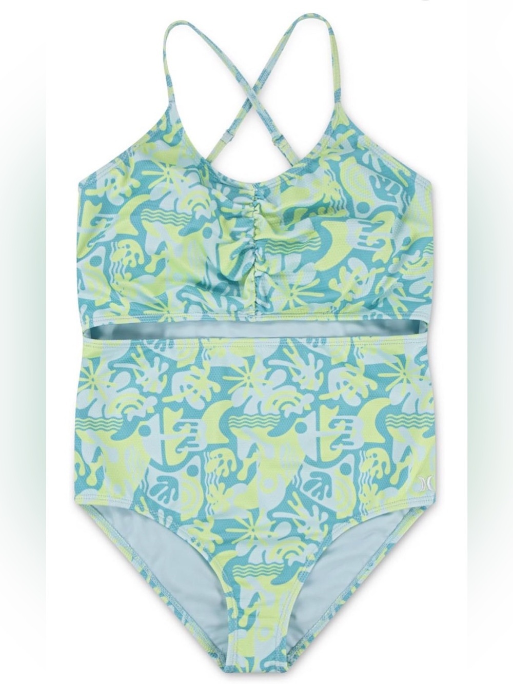 Hurley Light Blue & Lime Patterned Girls One-Piece Swimsuit